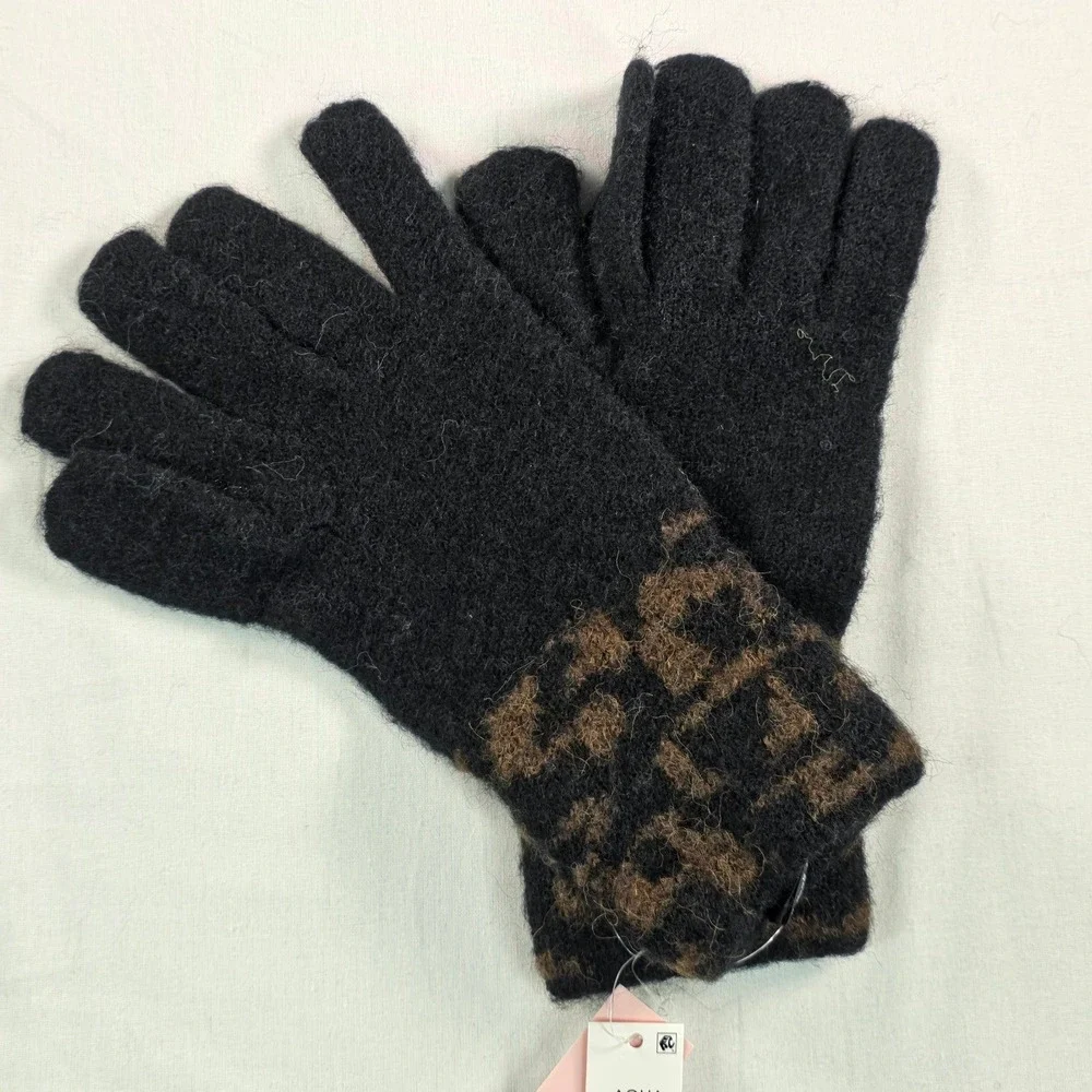 AQUA Women Knit Gloves O/S Black/Brown Leopard Print Cuff Cozy Chic Winter NWT